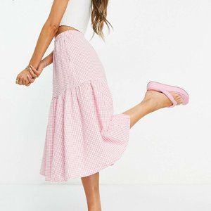 Monki Mandy Coordinating Seersucker Midi Skirt In Pink Gingham Check